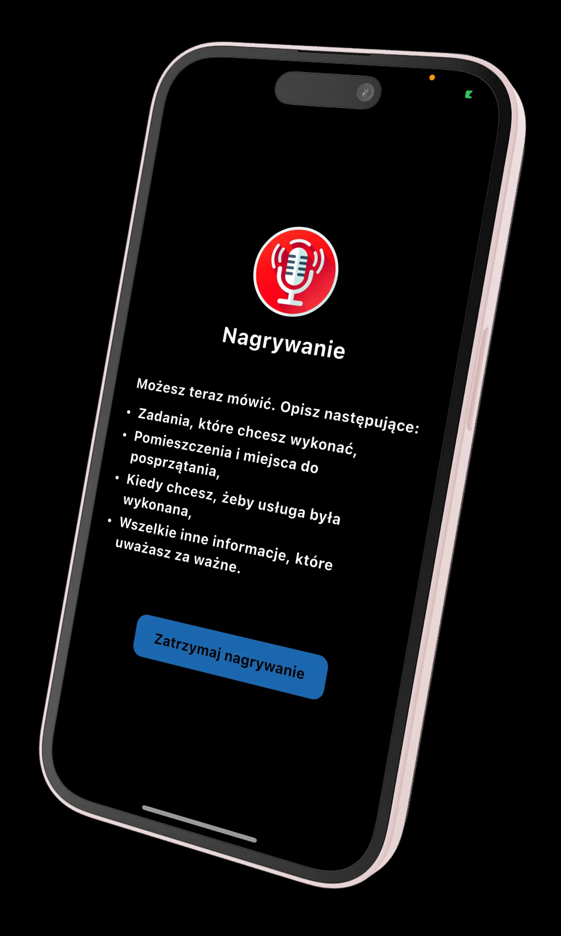 Ekran aplikacji eazBee — tryb AI do opisywania zlecenia sprzątania po remoncie głosem lub tekstem