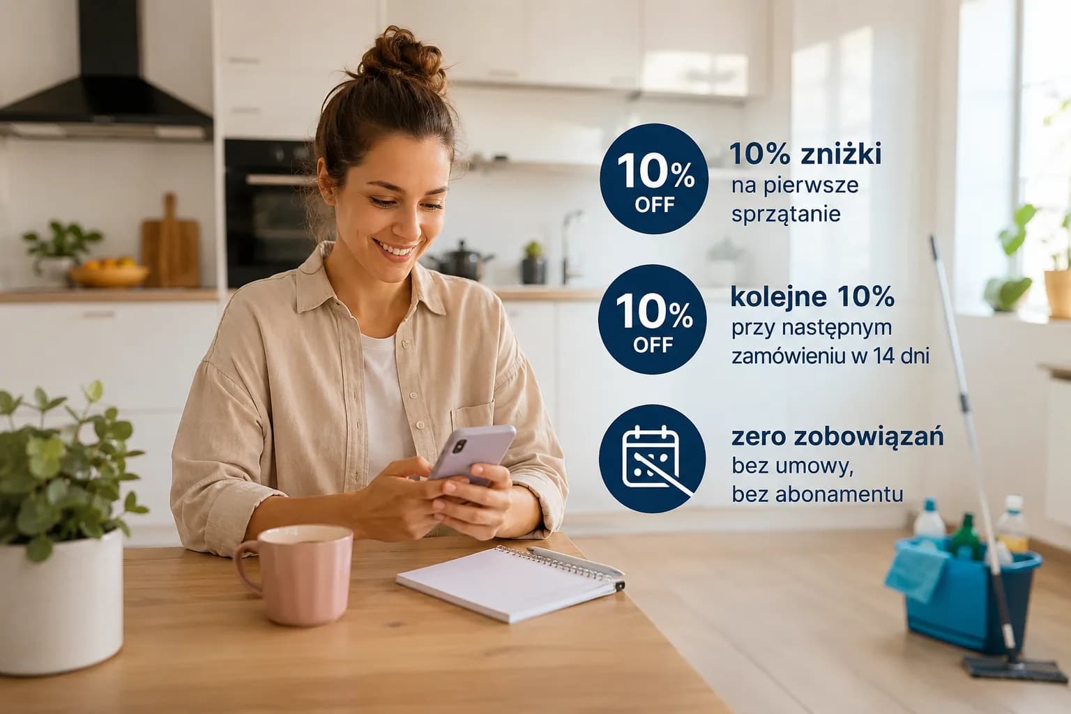 Telefon z powiadomieniem o 10% zniżki na pierwsze sprzątanie, kolejnych 10% przy powrocie w 14 dni i braku zobowiązań