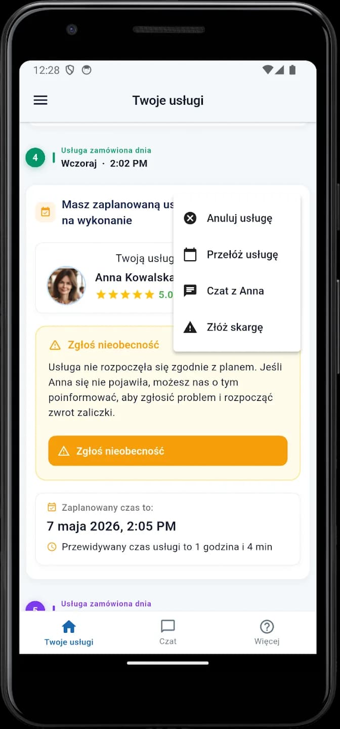 Ekran aplikacji eazBee — klient zgłasza, że sprzątaczka nie dotarła na miejsce